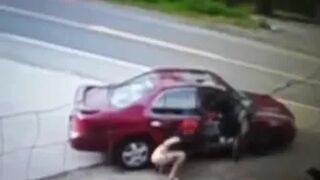 Girl Taking a Piss in a Highway Motel Parking Lot Dog Almost