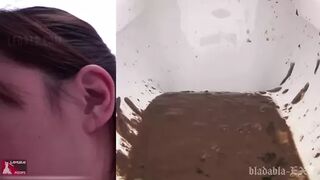 UNKW-039 01 Close-up face and poop. Double view toilet excretion