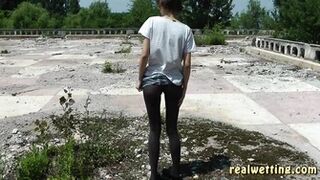 Natalie - Natalie Wets Her Pantyhose And Jeans Skirt