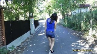 Antonia - Jeans Shorts On The Street While Taking Directions On The Phone